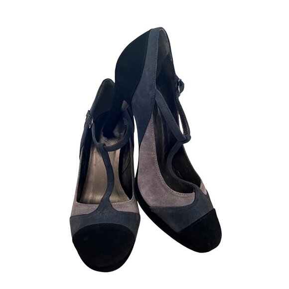 Boden Size 8 Black & Gray Suede Round Toe T-Strap Mary Jane High Heel Pumps Shoe - Picture 1 of 16